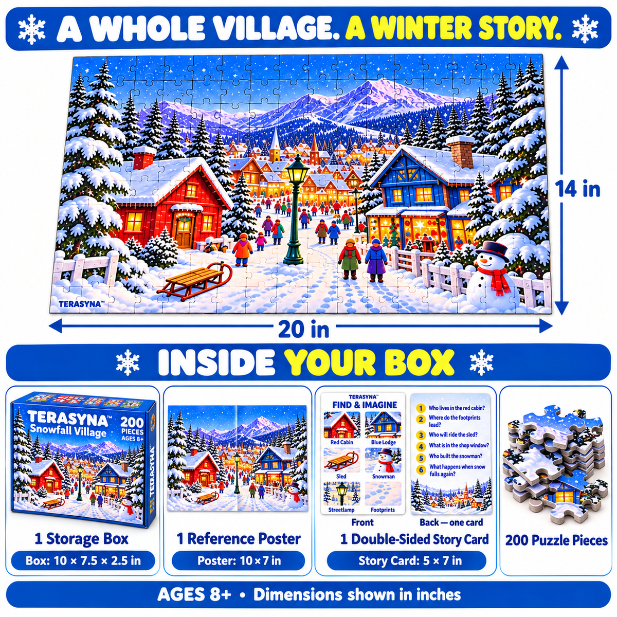 TERASYNA™ Snowfall Village Winter Jigsaw Puzzle for Kids — 200-Piece Mountain Town Puzzle, Ages 8+, 20" × 14", with Reference Poster & Story Card