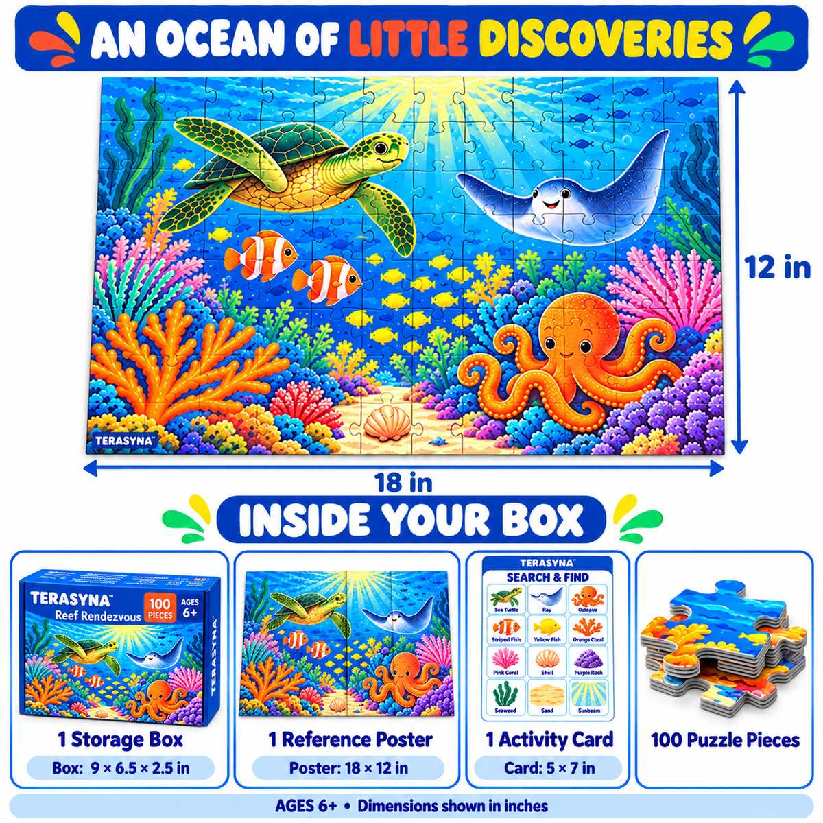 TERASYNA™ Reef Rendezvous Ocean Animal Jigsaw Puzzle for Kids — 100 Pieces, Ages 6+, 18" × 12", with Sea Life Poster & Search-and-Find Card