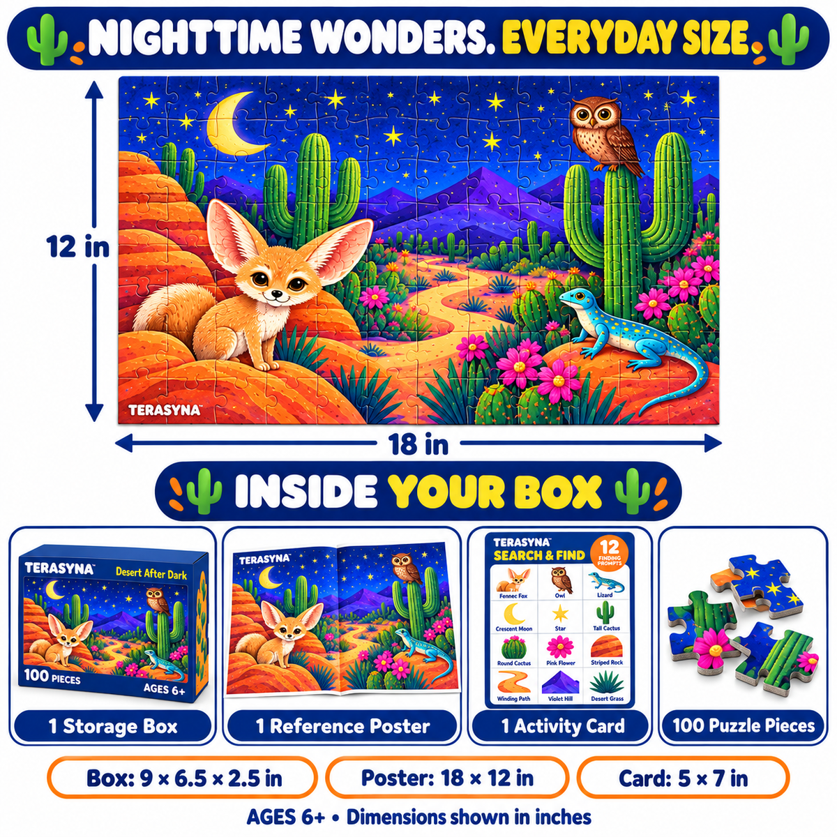 TERASYNA™ Desert After Dark Animal Jigsaw Puzzle for Kids — 100-Piece Night Desert Puzzle, Ages 6+, 18" × 12", with Poster & Search-and-Find Card