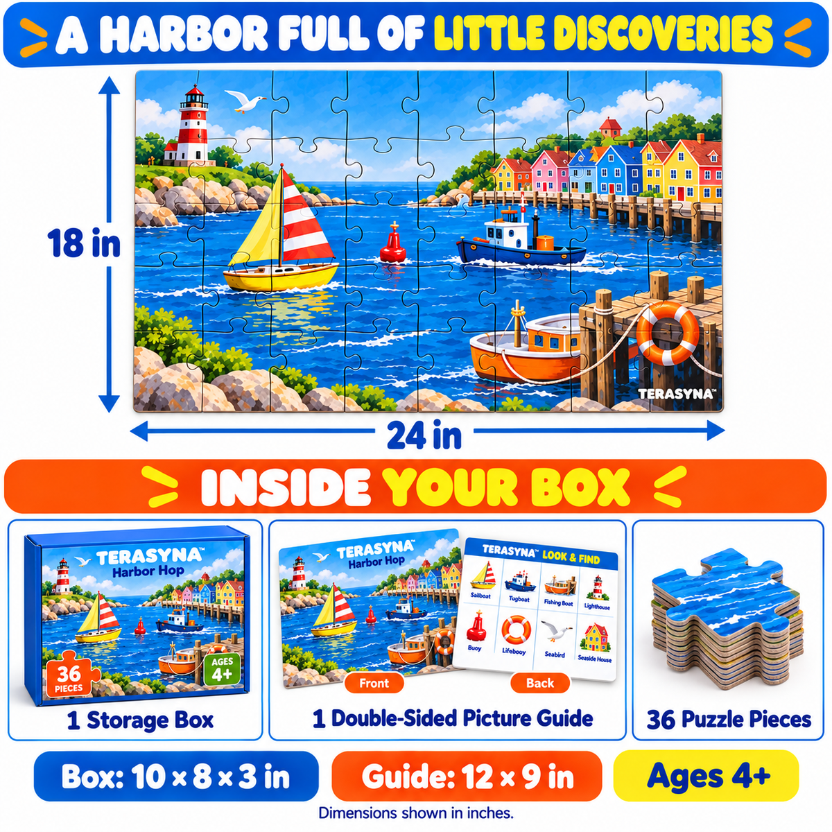 TERASYNA™ Harbor Hop Boat & Seaside Floor Puzzle for Kids — 36 Large Pieces, Ages 4+, 24" × 18" Jigsaw with Picture Guide & Box