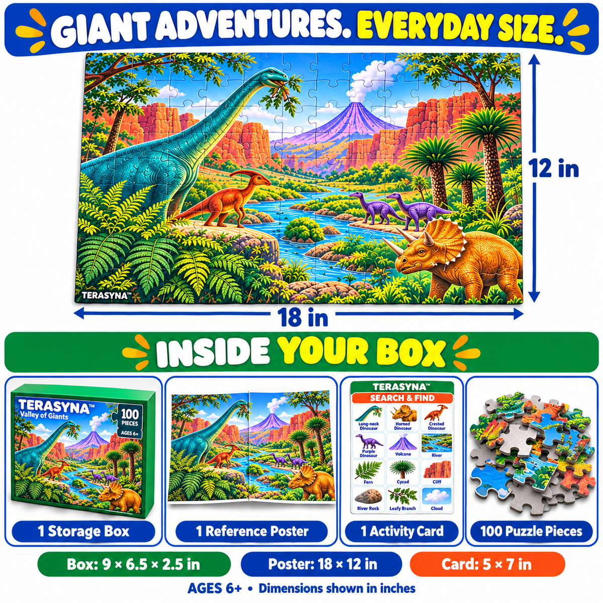 TERASYNA™ Valley of Giants Dinosaur Jigsaw Puzzle for Kids — 100 Pieces, Ages 6+, 18" × 12", with Dinosaur Reference Poster & Search-and-Find Card