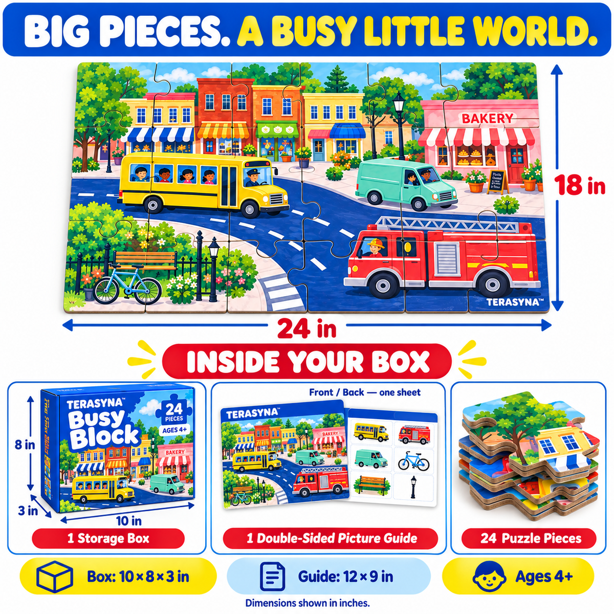 TERASYNA™ Busy Block Kids’ City Floor Puzzle — 24 Large-Piece Vehicle Jigsaw, Ages 4+, 24" × 18", with Picture Guide & Storage Box