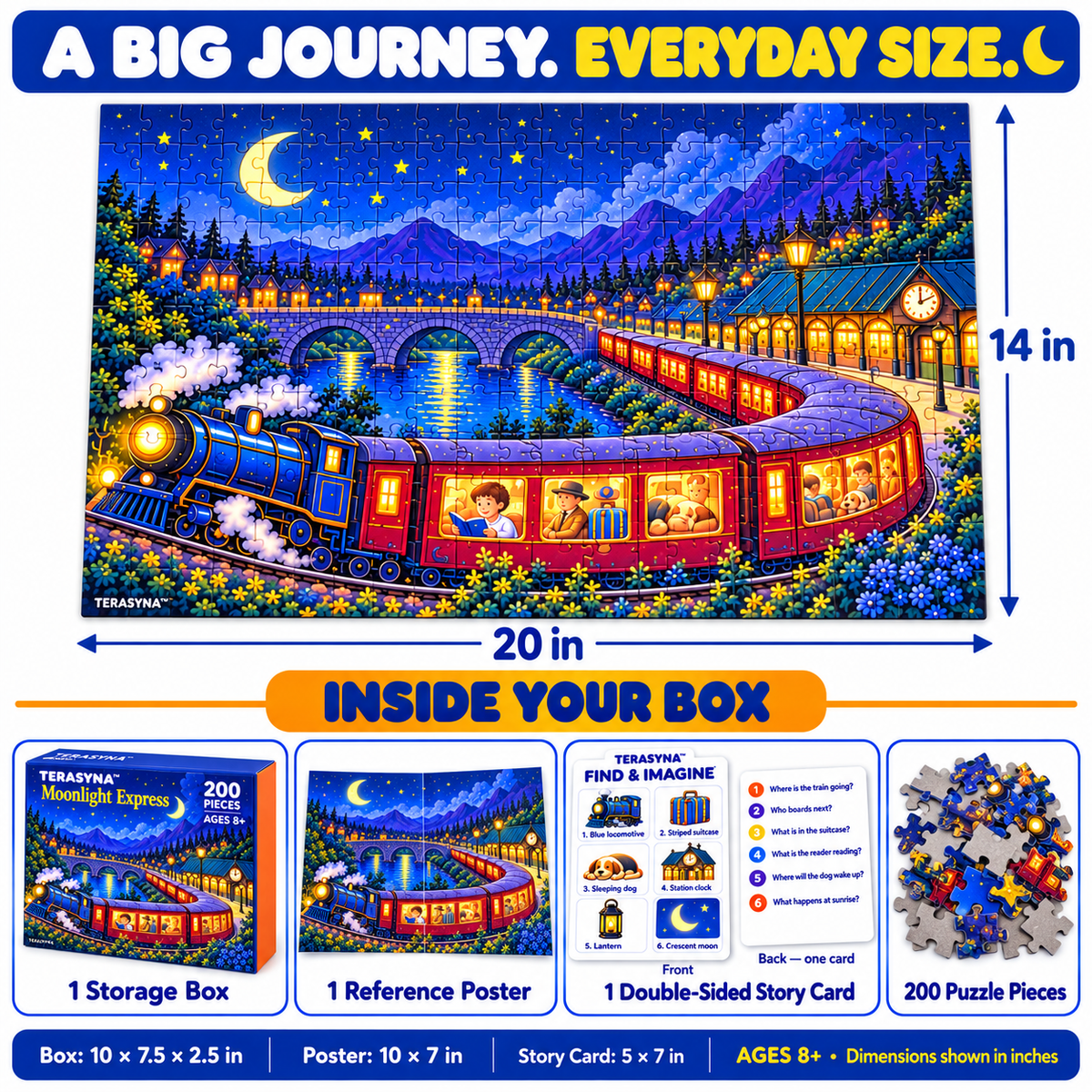 TERASYNA™ Moonlight Express Train Jigsaw Puzzle for Kids — 200 Pieces, Ages 8+, 20" × 14", with Reference Poster, Story Card & Storage Box