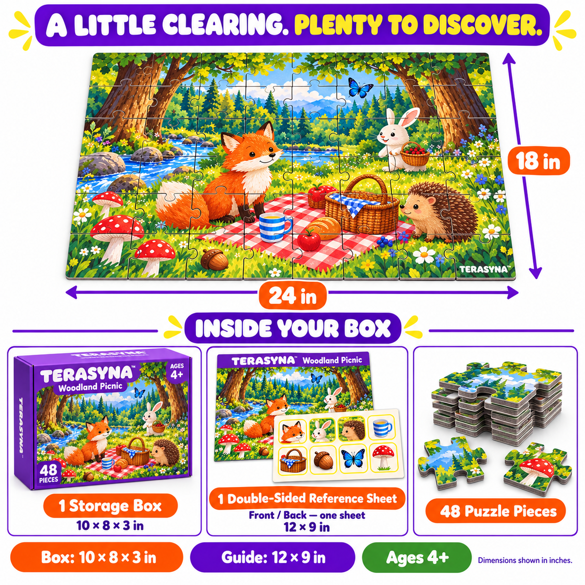 TERASYNA™ Woodland Picnic Forest Animal Floor Puzzle — 48-Piece Kids’ Jigsaw, Ages 4+, 24" × 18", with Search-and-Find Guide & Storage Box