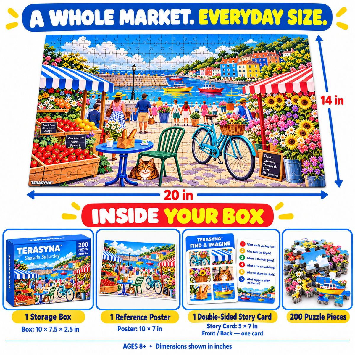TERASYNA™ Seaside Saturday Market Jigsaw Puzzle for Kids — 200-Piece Coastal Town Puzzle, Ages 8+, 20" × 14", with Poster & Story Card