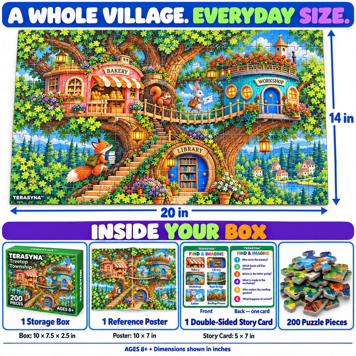 TERASYNA™ Treetop Township Treehouse Jigsaw Puzzle for Kids — 200-Piece Fantasy Village Puzzle, Ages 8+, 20" × 14", with Poster & Story Card