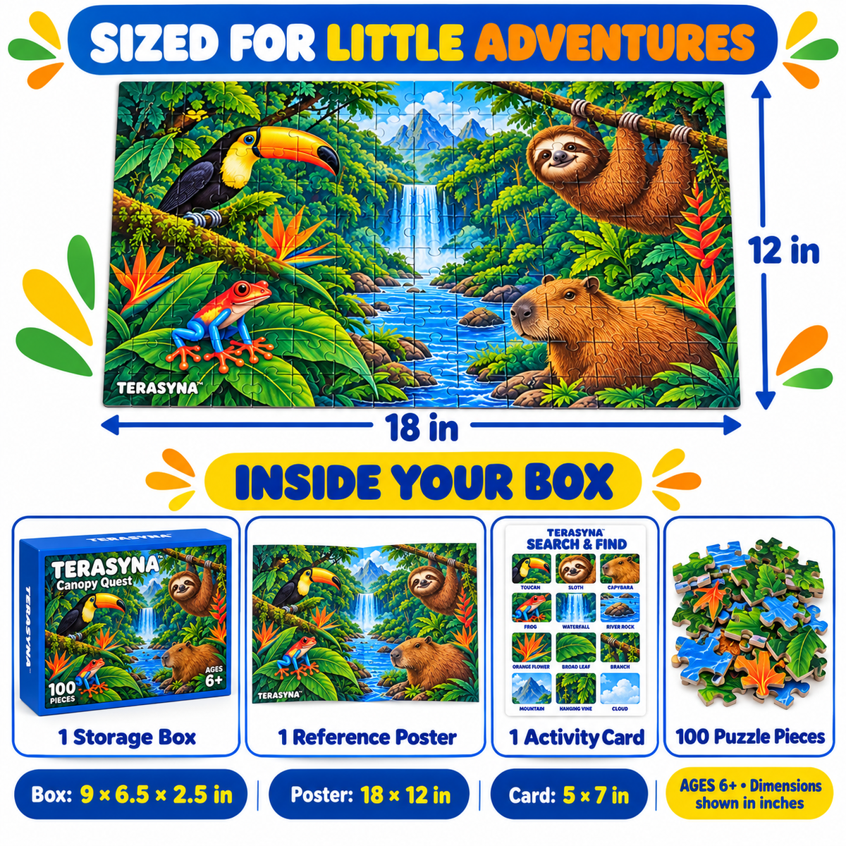 TERASYNA™ Canopy Quest Rainforest Jigsaw Puzzle for Kids Ages 6+ — 100-Piece Animal Puzzle, 18" × 12", with Reference Poster, Search-and-Find Card & Storage Box