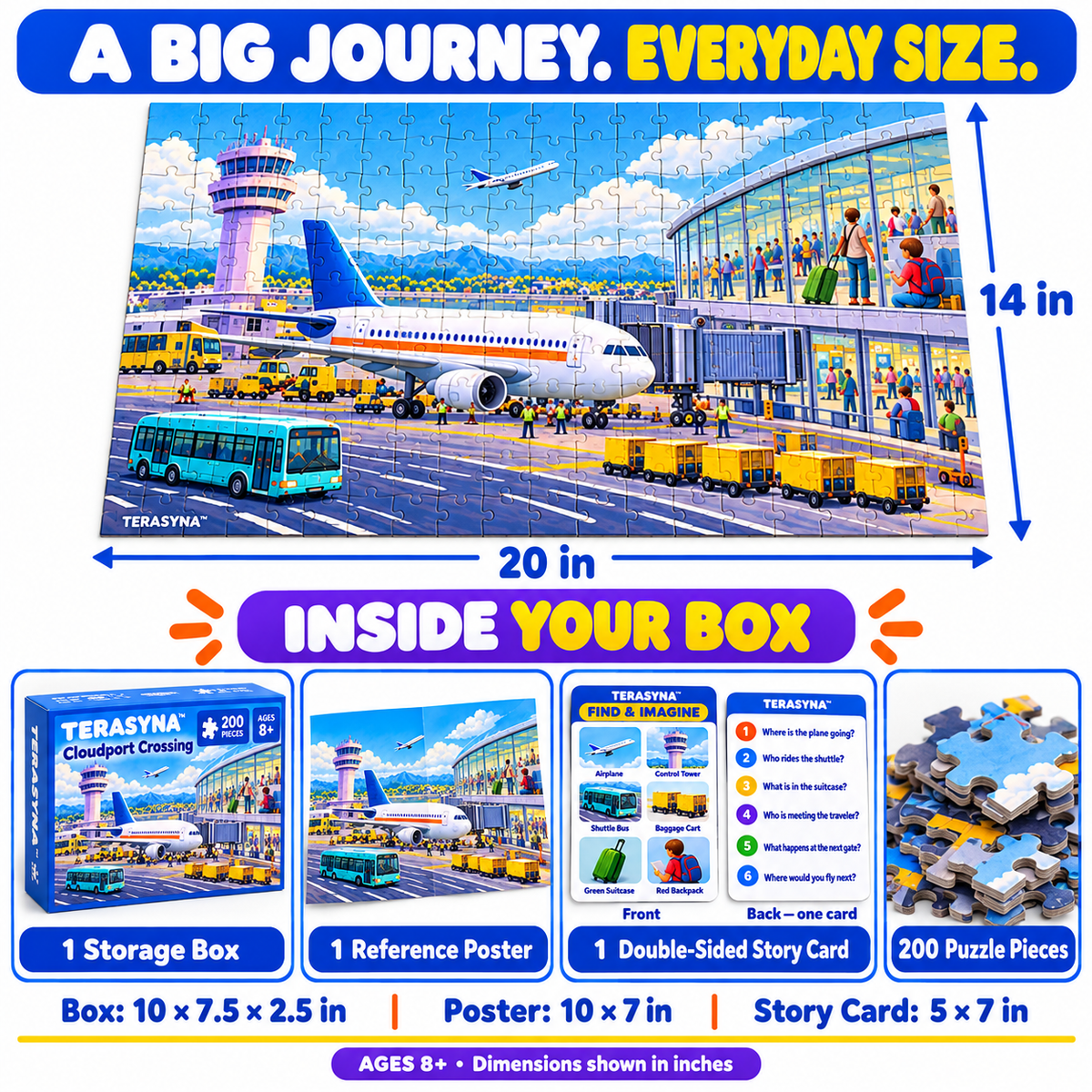 TERASYNA™ Cloudport Crossing Airplane & Airport Puzzle for Kids — 200-Piece Jigsaw, Ages 8+, 20" × 14", with Reference Poster & Story Card